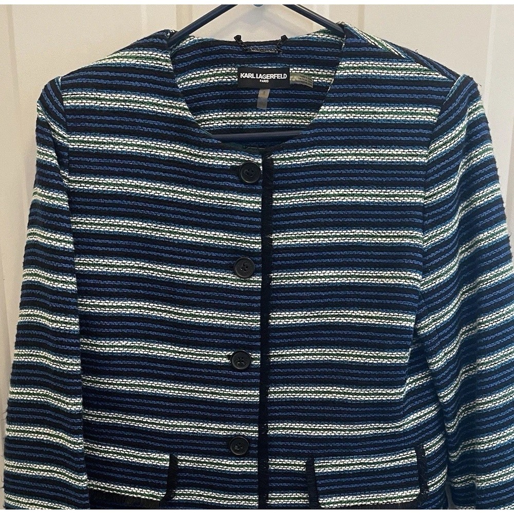 Karl Lagerfeld Paris Blue Stripe Blazer Textured‎ Button Jacket Womens 8 Career